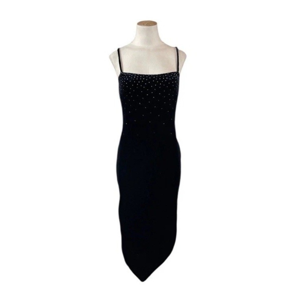 90s Y2K Rampage Black Velvet Glitter Bodycon Midi Dress Small Formal Prom - Picture 2 of 11